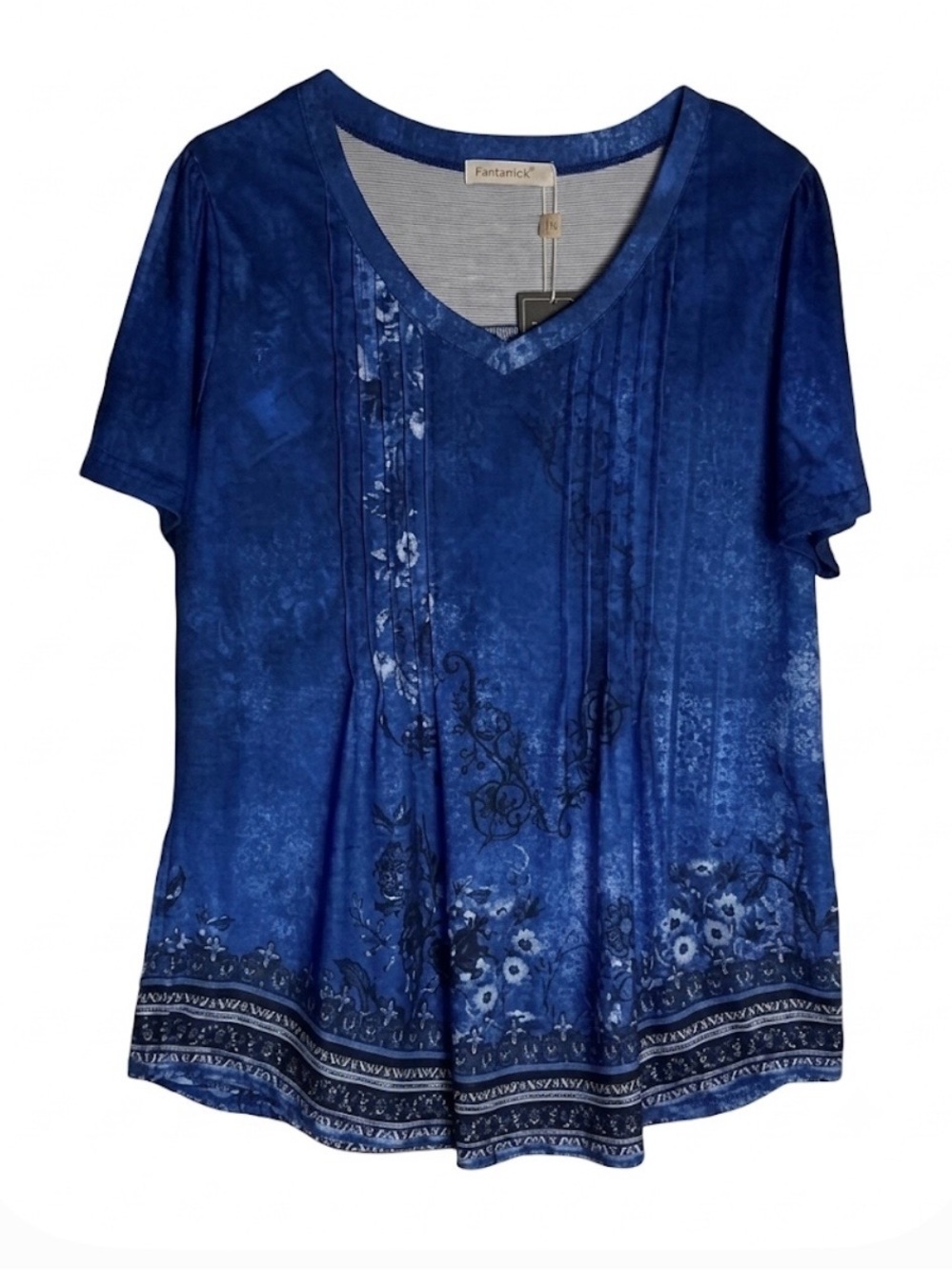 FANTASLOOK Floral Short Sleeve Tee, Women’s Size L, Blue Black White